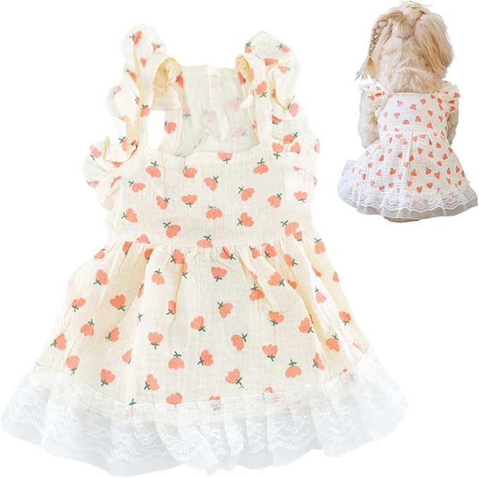 1 PC Adorable Flower Pattern Ruffle Trim Dog Cat Dress Princess Style Lace Trim Summer Outfit for Small to Medium Pets Yellow Pet Apparel for Kittens and Puppies M