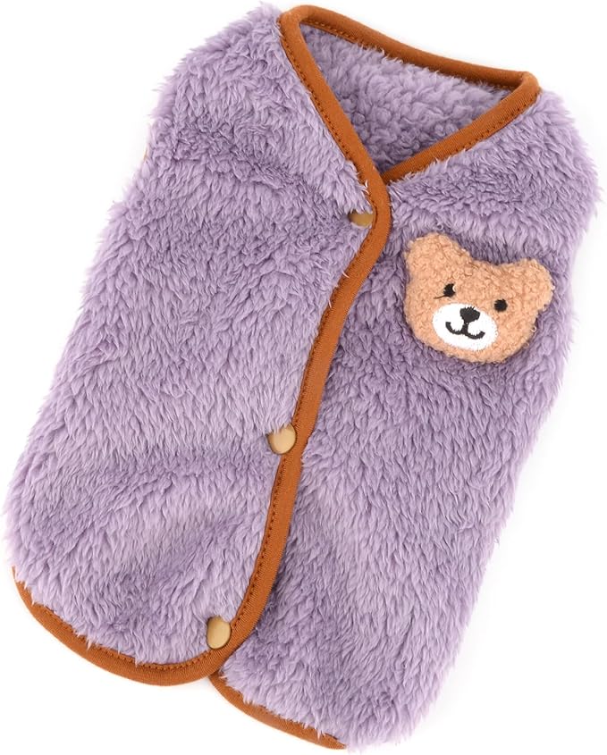 Fleece Small Dog Sweater, Solid Pet Vest with Bear Patch Elastic Soft Outfits Puppy Clothes Warm Fall Winter Apparel for Cat Chihuahua Yorkie,Purple,XS
