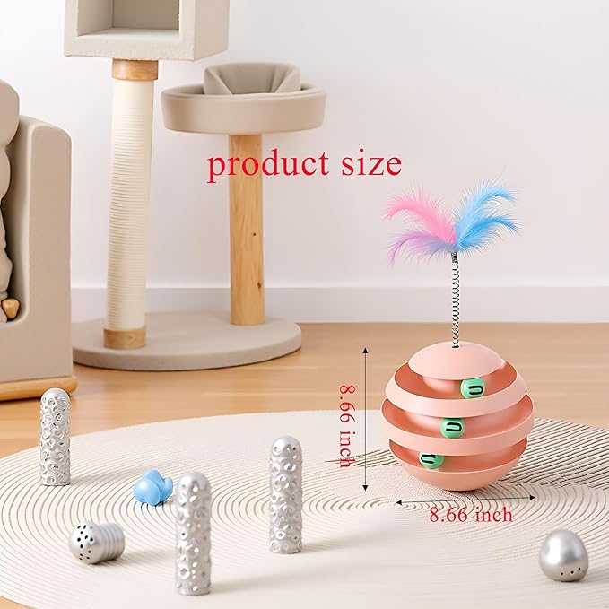 Interactive Cat Toy, Automatic Spinning Cat Toy for Indoor Cats, Engaging Kitten Toy with Feather for Exercise & Mental Stimulation, 3-Layer Cat Ball Track Durable Safe Toy to Reduce Boredom(pink)