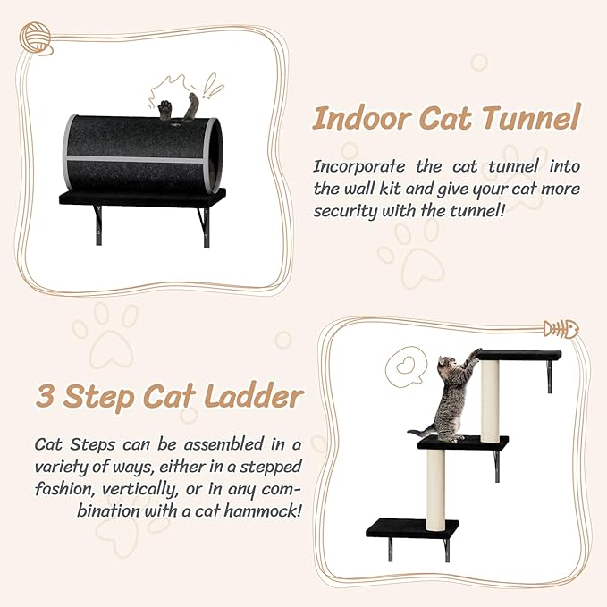 NUNU LAB 7-in-1 Cat Wall Shelves, Wall Mounted Cat Climber Set, Cat Furniture with House, Tunnel, Bridge, Steps, Scratcher, Hammock, Shelves for Indoor, Black
