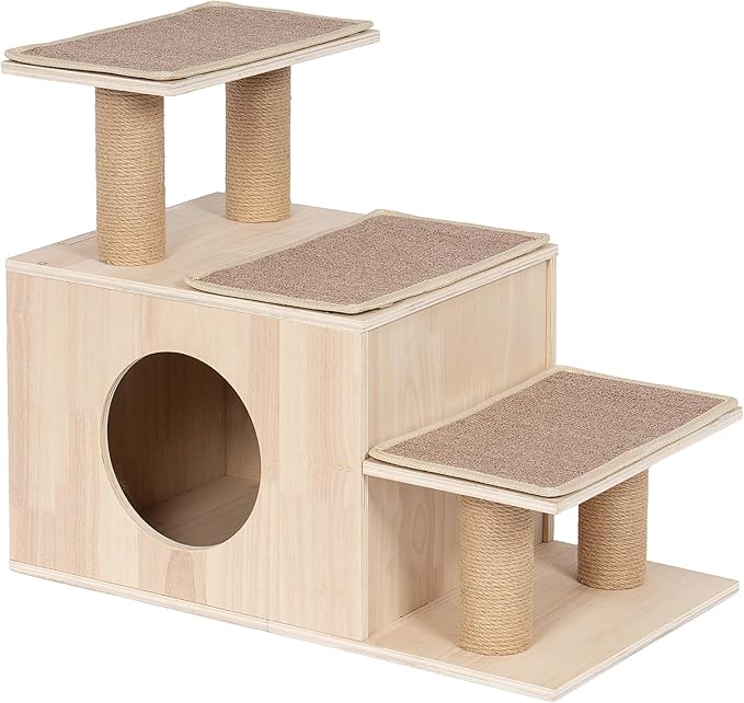3-in-1 Pet Stairs for Cats, 7.87" Depth Pet Steps for Cat, Wood Cat Stairs for High Bed and Sofa, 1 Condo Cave, Scratching Post, Sturdy Indoor Pet Stairs with Non-Slip Carpet Pads