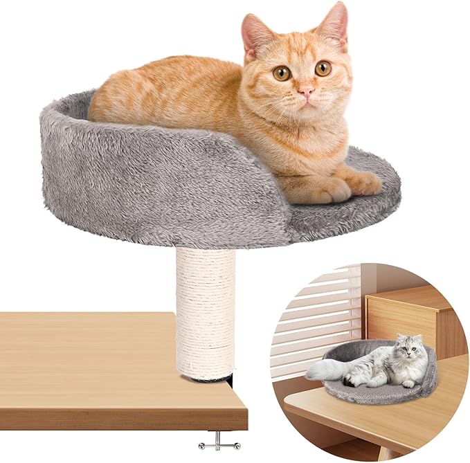 Cat Desk Bed with Scratching Pillar Plush Soft Padding Allow Your Lovely Cat Study and Work with You Up to 9 lb Load