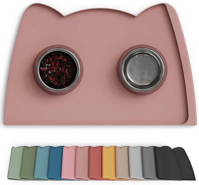 OHMO Dog Food Mat(Rose, 24 * 15'') w/Residue Collection Pocket Silicone Pet Feeding Mat for Floor High Edges Anti Spills Waterproof Cat Water Bowl Tray, Easy Clean Placemat