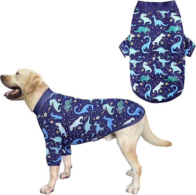 Dog Navy T Shirts with Universe Dinosaur Pattern Printed Pet Shirt Softable Pajamas for Large Dogs (L, Navy)