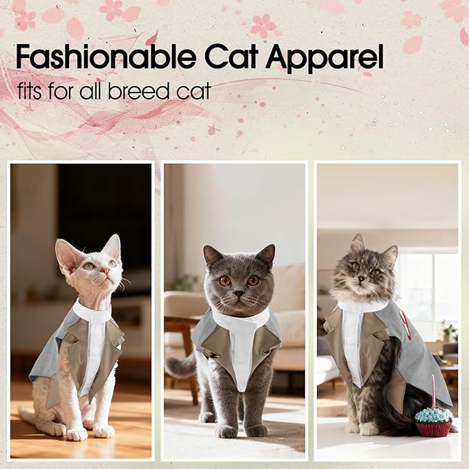 DENTRUN Cat Tuxedo Outfit Formal Suit with Shirt, Fancy Pet Tuxedo Vest for Hairless & Furry Cats, Kitten Wedding Attire Birthday Party Costume Clothes for Cats Only, XS-XXL