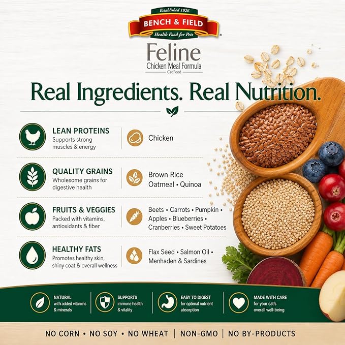 Bench & Field Holistic Premium Dry Cat Food, Chicken Meal & Brown Rice Recipe, Made Without Corn, Wheat, or Soy, All Life Stages, 25 lb Bag (Pack of 1)
