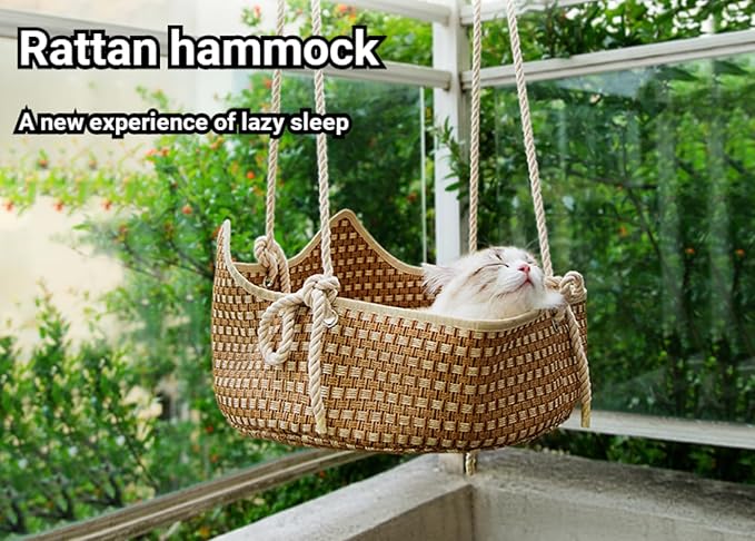 Rattan Cat Hammock - Summer Hanging Basket for Balcony, Cat Bed, Basking Sun Nest, Cage, Pet Supplies