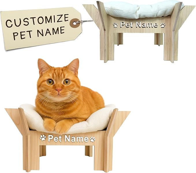 Personalized Wooden Cat Bed, Custom Name Standing Beds with Cushion, Wood Cat Bed Cave, Pet Furniture Large Perch for Playing Sleeping Scratching, Your Cats Gifts