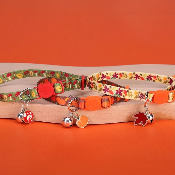 3 Pack Fall Breakaway Cat Collars with Bell & Charm-Thanksgiving Cat Collar for Girl Boy Cats with Safety Buckle- Cute Pumpkin Kitten Collar Adjustable 8"-12" for Kitty Puppy Small Pets