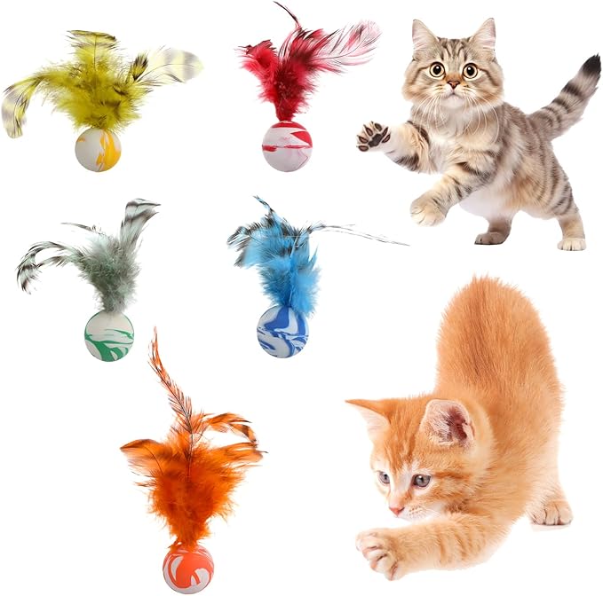 5 Pcs Feather Cat Toy, Cat Toy Balls with Natural Feathers, Interactive Indoor Cats Toys for Playful Kittens, Feather Bouncy Balls for Cats