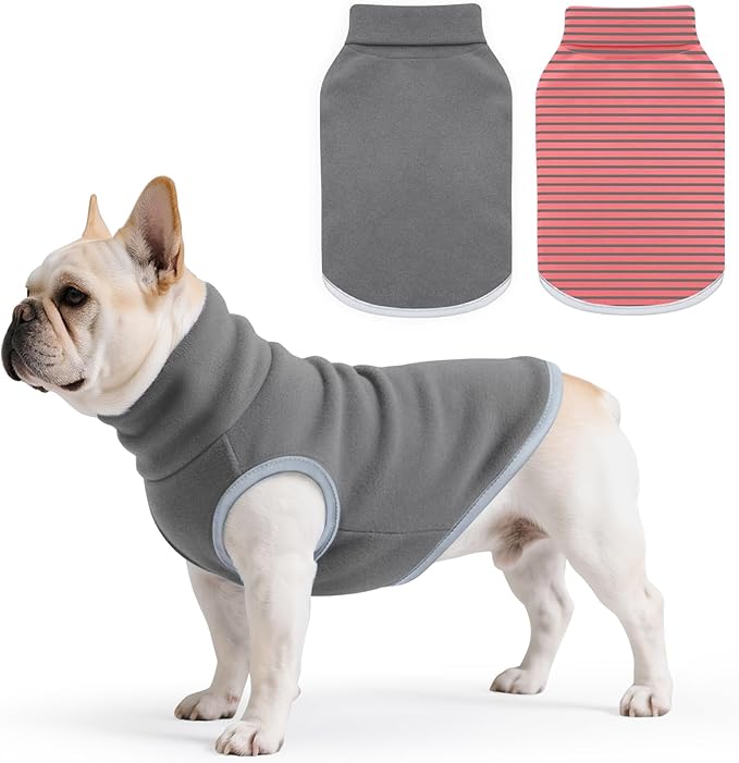 Idepet 2 Pack Striped Dog Sweater, Stretchy Dog Shirt Vest Turtleneck Pet Pullover Puppy Clothes Reflective Sweatshirt Fleece Cat Apparel (Pink Stripe + Grey, Medium)