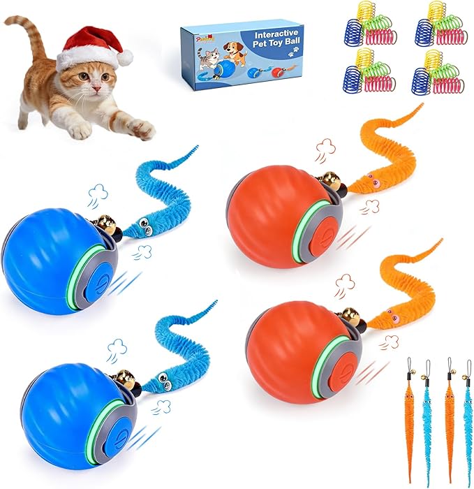 4-Pack Smart Cat Toy Ball, Automatic Rolling Interactive Cat Toys for Indoor Cats, Motion Activated 2 Speeds Rechargeable Cat Enrichment Toy with 8 Tails, Perfect for Kittens & Adult Cats
