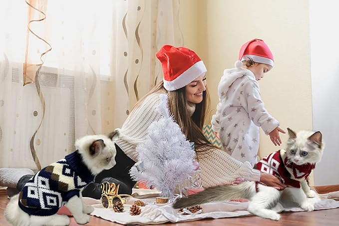 2Pcs Pet Christmas Plaid Sweaters Cat Navy Blue Sweater Kitten Puppy Christmas Red Sweater Dog Cat Xmas Costume Knitwear Sweater Clothes for Kitten Cat Puppy Dog XL