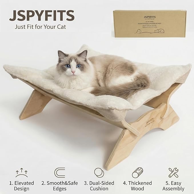 JSPYFITS Elevated Cat Bed Hammock, Raised Orthopedic Dog Bed with Dual-Sided Plush & Linen Cushion, Modern Cat Furniture for Medium to Large Cats, Easy Assembly(White)