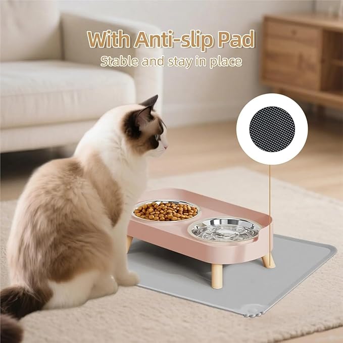 Raised Cat Feeder 2 Bowls in 1 Feeding & Watering Supplies 15° Raised Puppy 2 Stainless Steel Bowls Wood Stand Cats Accessories(Blind Spot Assist-Withe 1Pair)