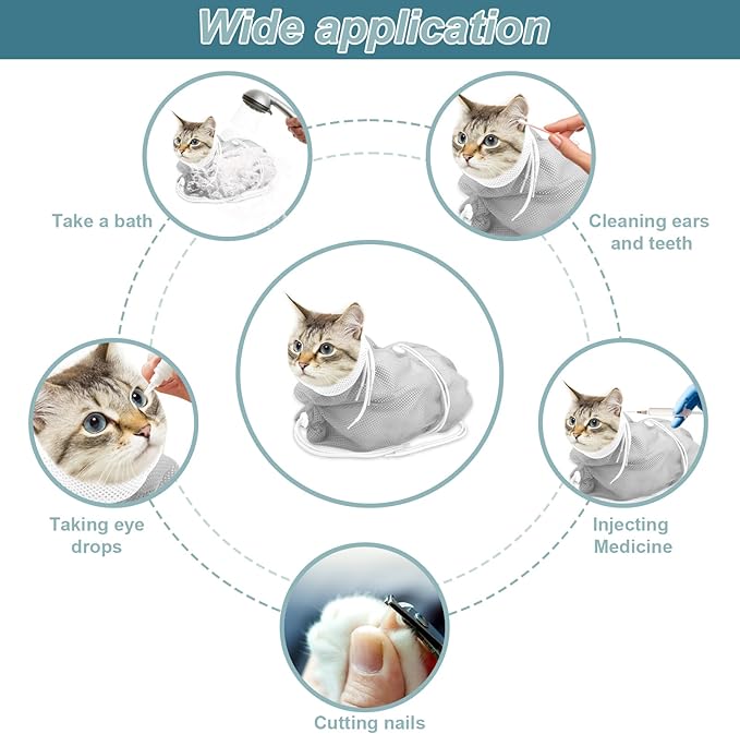 Cat Bathing Bag, Breathable Mesh Cat Shower Bag Anti Scratch Adjustable Washing Grooming Bag for Nail Trimming Polyester Soft