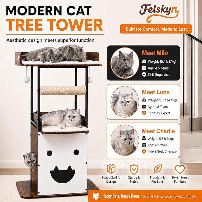 Wood Modern Cat Tree Tower for Indoor Large Cats, 48-Inch Tall Wooden Cat Trees with Big Perch Bed, Multi-Level Condo with Scratching Board Posts, Removable Pads, Cat Furniture, Rustic Brown