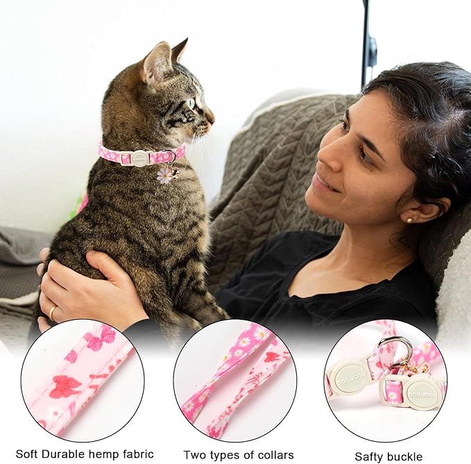 2 Pack Pink Floral Cat Collars Breakaway with Bell, Safety Buckle Daisy Cat Collar for Girl Cats and Small Dogs，Adjustable 7-12 Inch,Pet Supplies Accessories