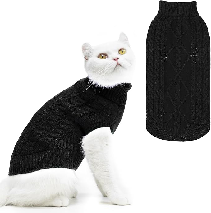 PUPTECK Winter Cat Sweater Coat - Soft Warm Cold Weather Clothes Knitwear for Kittens & Small Dogs Indoor Outdoor Wearing, Knitted Classic for Doggies Kitties Girls Boys, Black, L