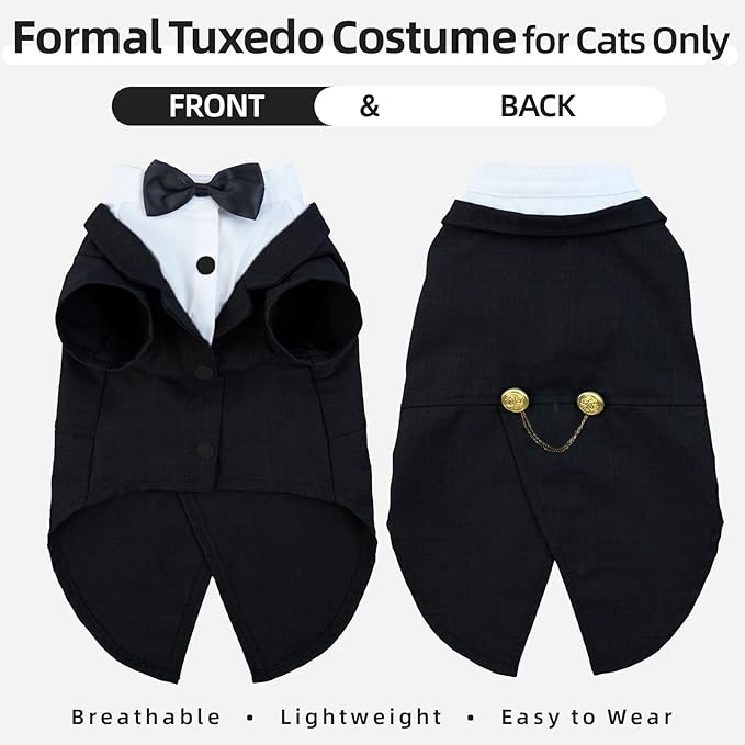 QBLEEV Cat Tuxedo Outfit, Formal Cat Suit Costume with Bow Tie, Sphynx Hairless Clothes for Cats Only, Kitten Wedding Birthday Party Attire Apparel for Male Boy, Cute Small Pet Gentleman Formal Wear