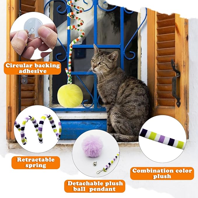 Andiker Cat Spring Toy, Self-Play Stretchable Door Hanging Cat Toy with Bell for Indoor Interactive Cat Toy, Soft Plush Ball with Spring Kitten Toy for Cat Kitten Playing Exercising (Green+Purple)