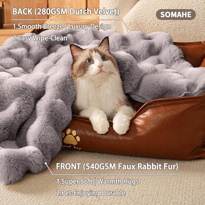 SOMAHE Cat Blanket, Reversible Sherpa & Bubble Fleece Pet Throw, Ultra-Soft Plush for Indoor Cats, Machine Washable, Anti-Static, Warm & Cozy, 22"×18" Inch Gray