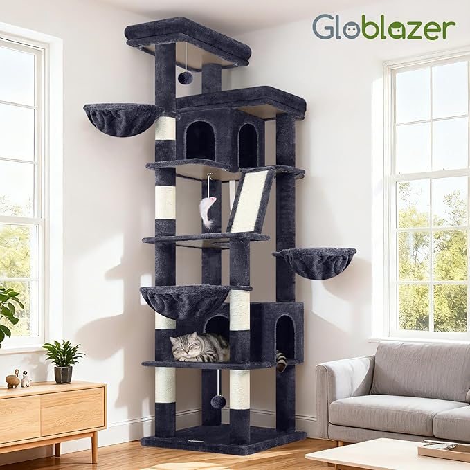 Globlazer Extra Large Cat Tree Tower 80inch XXL Tall Cat Tree for Multiple Indoor Cats Large Adult Kittens with Scratching Posts, 2 Widened Perches, Adjustable Baskets, 2 Cozy Condos, S80G, Dark Grey