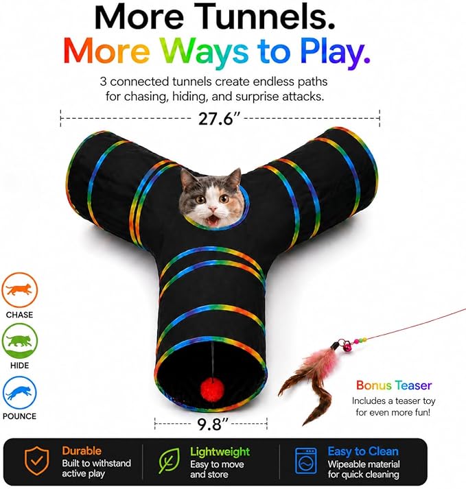 Cat Tunnels Tube Toy with Plush Ball & Cat Wand Feather Toys-Portable Tattaff Waterproof Washable-Interesting Geometric Pattern Collapsible-3 Way Black Rainbow