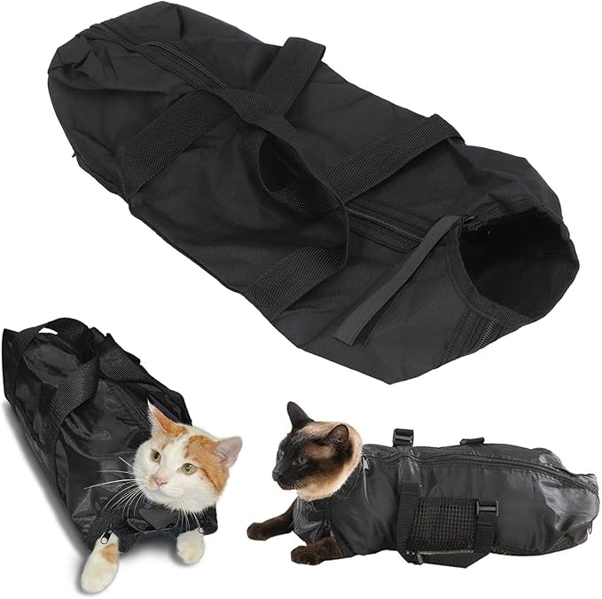 Tissting Cat Grooming Bag for Nail Trimming & Bathing - 18.11x9.45in Adjustable Breathable Mesh Restraint Bag with Zipper Openings, Anti Scratch Pet Grooming Holder for 6-8 Pounds Gentle Cat