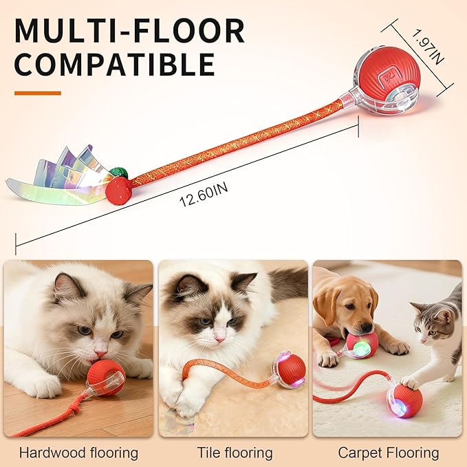 Interactive Cat Toy Ball - 3 LED Modes Motion Activated, Elastic Mesh Tail Type-C Rechargeable Self-Playing Toy for Bored Indoor Cats Kittens, Ideal Gift for Cat Lovers (Red)