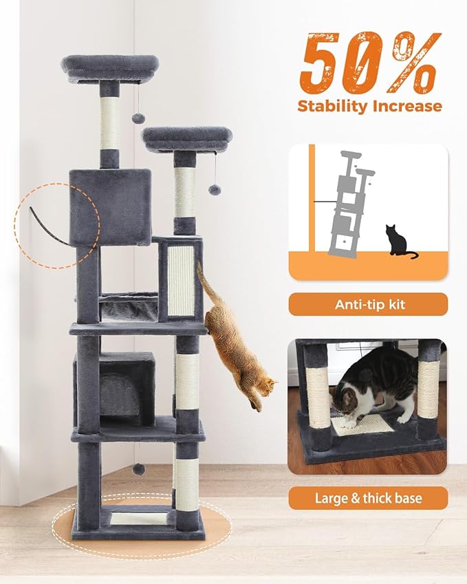 MUTTROS Tall Cat Tree 70.9"- Cat Tower with 6 Scratching Posts, Multi-Level Climbing Tower with 2 Condos, 2 Scratching Boards, 2 Top Beds & Hammock for Indoor Large Medium&Small Cats, Dark Gray