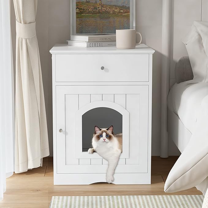 Wooden Cat Litter Box Cabinet with Drawer Hidden Pet House, Sofa Side Table, Indoor Pet Cage Storage Cabinet, Cat Hidden Cave Furniture for Living Room, Bedroom (White, 25 inches)