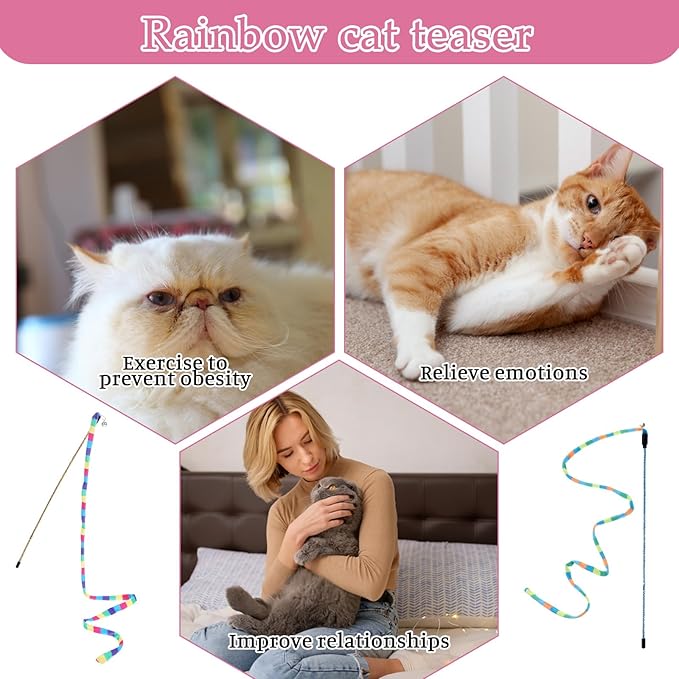 InnoHHustle 2 Pcs Interactive Cat Rainbow Wand Toys, Cat Teaser Wand and String Toy Colorful Ribbon Strong and Sturdy Pole with Small Bells for Indoor Cats and Kittens to Play Chase Exercise for Fun