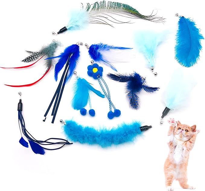 12pcs Cat Feather Toys with Bells Blue for Male Cats Replacement for Wand Boy Kitten Toys Interactive Training Indoor Cat Playing Birthday Gift for Chasing Jumping Exercise Refill Toy