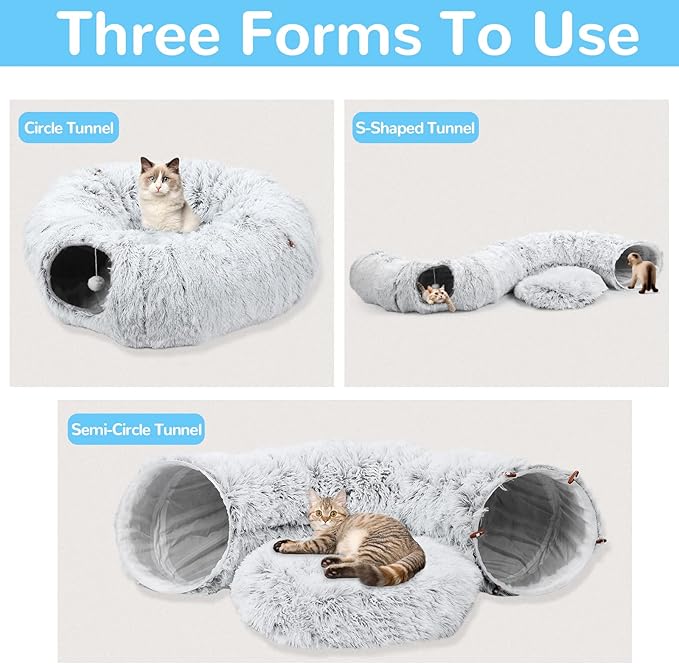 HAITRAL Plush 2-in-1 Cat Tunnel Bed,Cat Toys Cat Tube for Indoor Cats,Collapsible Washable Donut Cat Bed Cat Play Tunnel with Mat & Play Ball, Cat Cave Interactive Toys for Dog Bunny Cat Pet Supplies