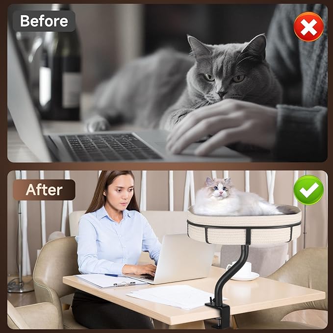 Cat Desk Bed with 360° Rotating Mount Attachment - Space-Saving Cats Hammock for Home Office/Computer Desks, Washable All-Season Indoor Pet Nest - Comfortable Perch (13.5IN-17.5IN)