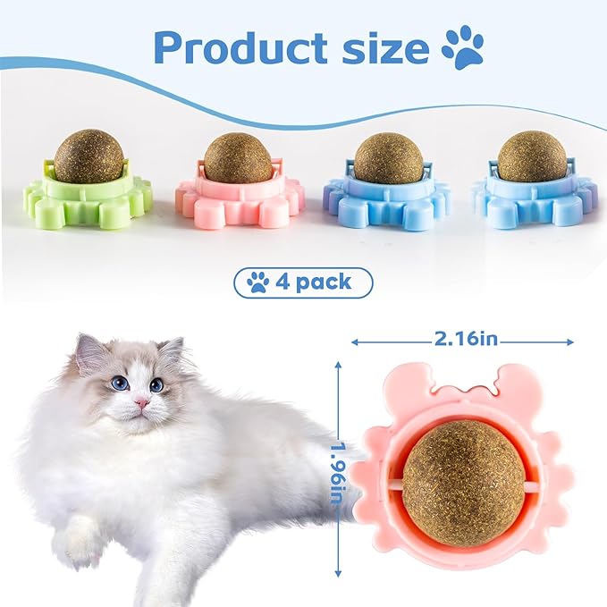 4 Packs Catnip Ball for Cats, Lickable Cat Toys Wall Mount with 360° Rolling & Spinning, Organic Cat Nip Chew Toys for Teeth Cleaning, Mint Magic Catnip Ball Toy for Indoor Cats