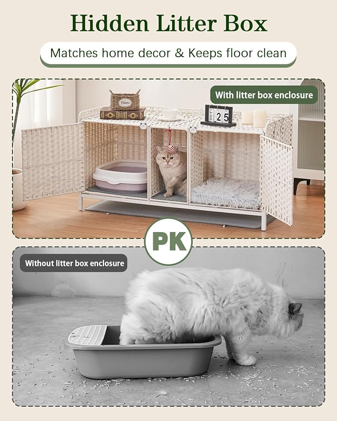 SETVSON Cat Litter Box Enclosure for 2 Cats, Hidden Litter Box Furniture with Mat, Large Rattan Cat House with Double Room and Door, 47.3 L x 19.7 W x 24 H, 2 S-Shaped Hooks for Living Room White