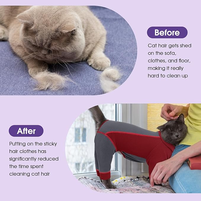 Hair Sticky Cat Clothes, Cat Sweater for Cats Only, 4-Legged Fleece Sweaters Kitten Pajamas Reduce Shedding Fur, Warm Pullover Shirts for Cats, Red XL