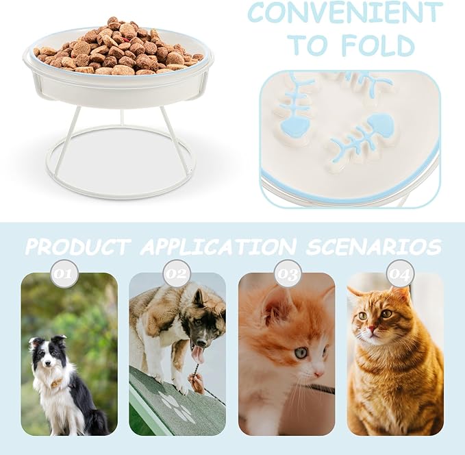 Happyyami Elevated Ceramic Cat Slow Feeder Bowl with Stand, Anti-Choke Slow Food Dish for Indoor Cats and Small Dogs, Blue and White Dual-Color Feeding Station Protecting Pet Spine