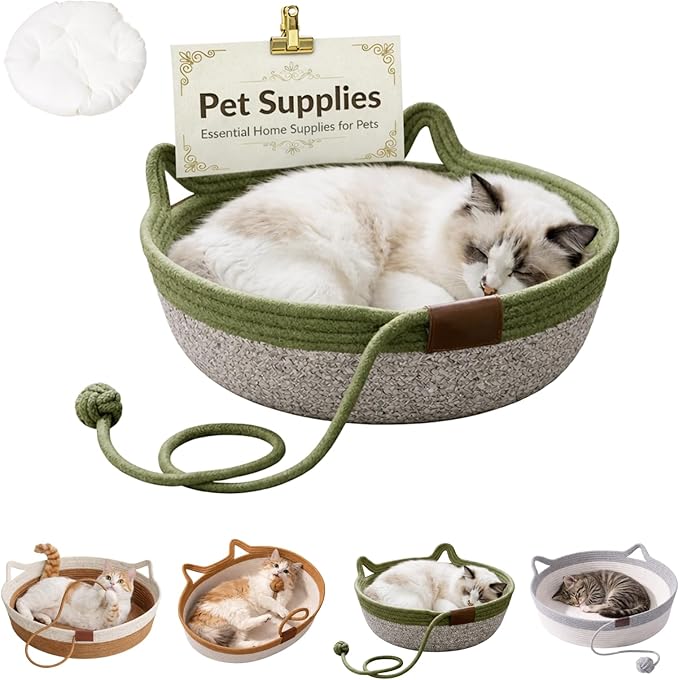 Interactive Cat Bed Basket Handwoven Cotton Rope Stimulicat Cat Basket with Toy Ball, Foldable Scratchable Instinct Basket for Cats & Kittens Stimuli Cat Basket Nest