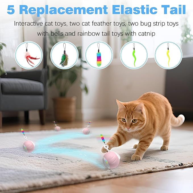 2.36 Inches Large Cat Toys Ball - Won’t Get Stuck, [Newly Upgraded] Sound & Motion-Activated, 2 Speed Fast/Slow Settings Automatic Interactive Cat Toy for Indoor Cats with 5 Tails Rechargeable - Pink