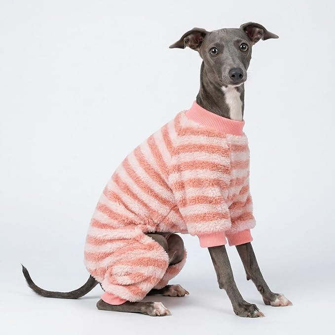 Fitwarm Fuzzy Fleece Stirped Dog Pajamas, Dog Winter Clothes for Small Dogs Girl, Cozy Dog Onesie, Pet Jumpsuit, Doggy Apparel, Pink, White, XS