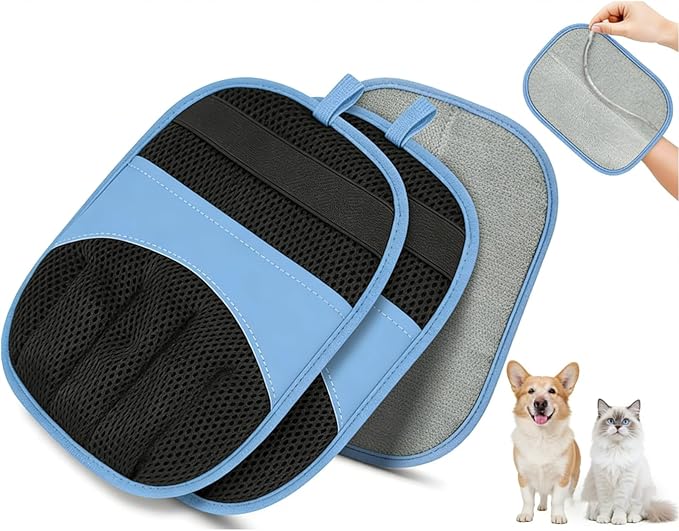 2 Pack Pet Hair Remover Glove, Electrostatic Remover Gloves for Dogs and Cats, Reusable Wash Mitt for Furniture, Car Seats, Clothes, and Laundry, Blue