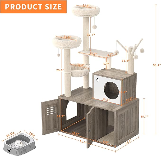 TrailBlaze Cat Tree with Litter Box Enclosure, Wooden Cat Condo with Platform, Hammock, Pompoms, Scratching Posts, All-in-One Cat Furniture for Indoor Kitten, 31.5" l x18.9 w x55.1 h(Grey)