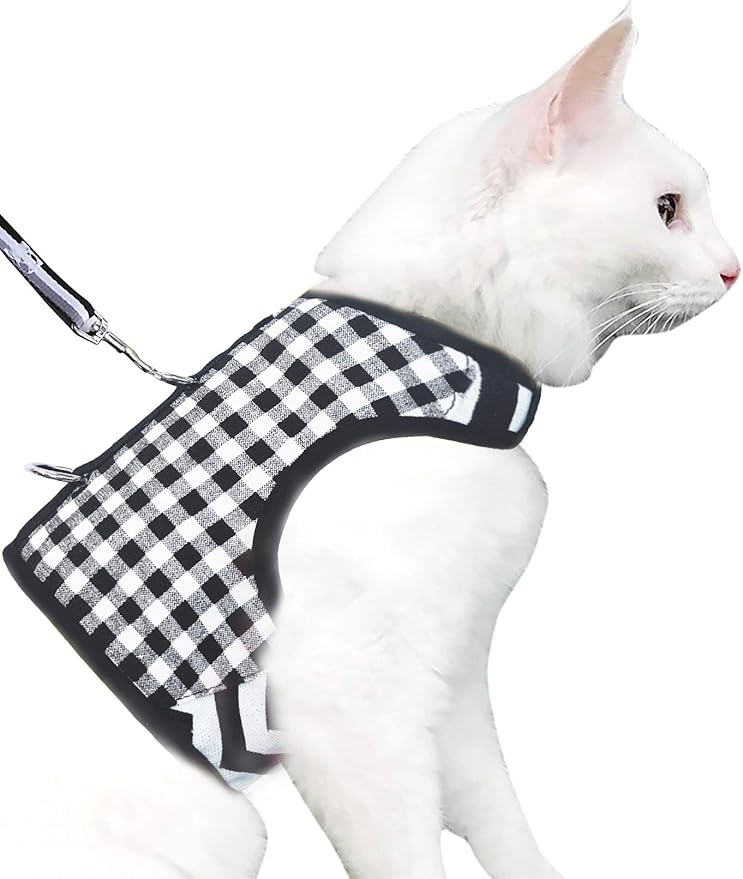 Cat Harness and Leash for Walking Escape Proof, Adjustable Cat Vest Harness, Padded Stylish Cat Walking Jackets, Black Plaid, Extra Large