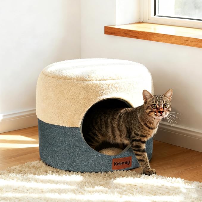 2-in-1 Cat Cave Bed & Lounger with Reversible Plush Cushion, Cat Bed for Indoor Cats, Foldable Anti-Slip Cat House - Calming Cozy Hideaway for Kitten &Small Cats with Anxiety Relief, 15.7in