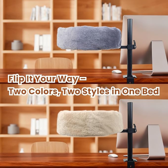 17.5" Large Cat Desk Bed,One-Button Easy Lift & Rotate,Extra Thick Cushion,Additional Cooling Mat,Reversible Two-Tone,Super Soft Plush Faux Fur Table Pet Bed,Machine Washable Bed(Twilight Duo, Large)