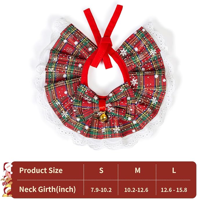Dog Christmas Outfit – Holiday Dog Bandana with Bells, Plaid Scarf for Small Dogs & Cats, Cute Cat Christmas Outfit for Winter Parties & Photos (S)