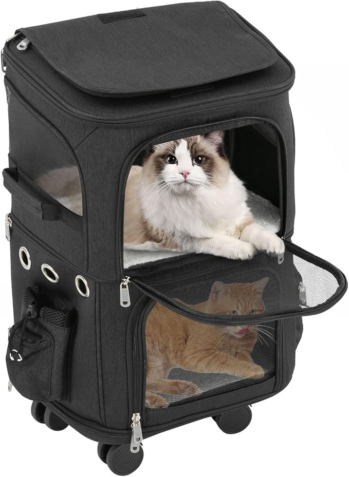 Double-Compartment Pet Carrier Backpack with Wheels for Small Cats and Dogs, Cat Rolling Carrier for 2 Cats, Perfect for Traveling/Taking a Walk/Trips to The Vet,for Up to 22 LBS (Black)